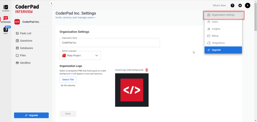 The organization settings page is shown with the "organization settings" and "privacy and security settings" sections shown.