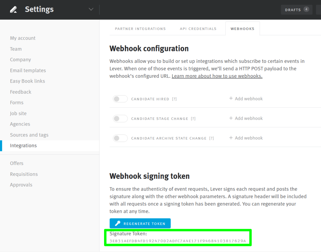 Webhook signing token