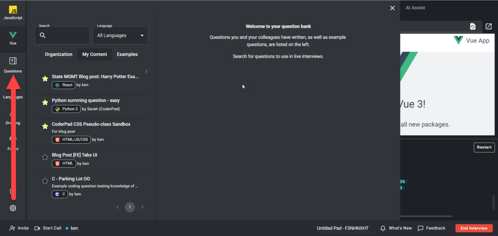 On the left tab menu there is an arrow pointing to the question button, and the question window is shown.