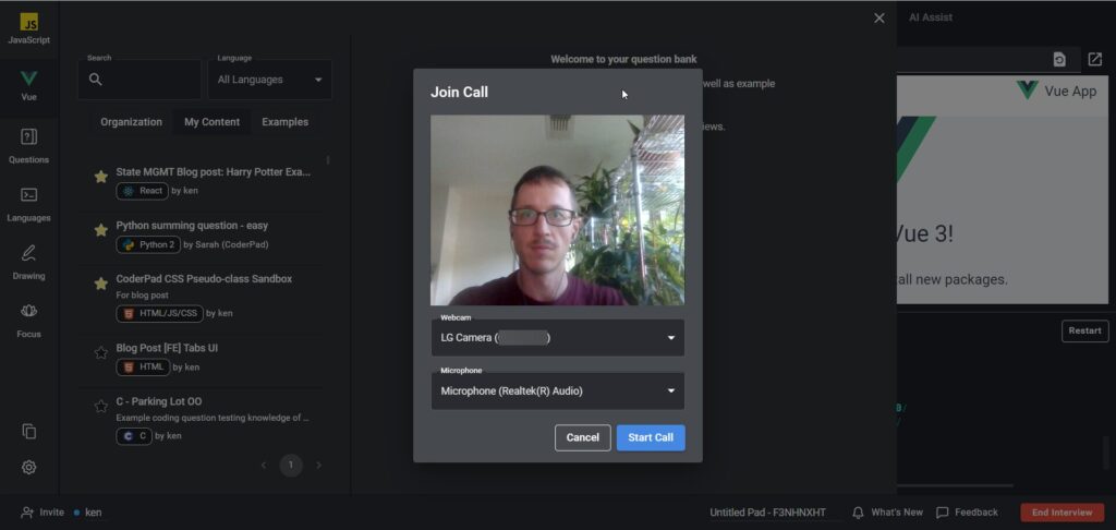 Screenshot of the call menu to select your webcam and microphone.
