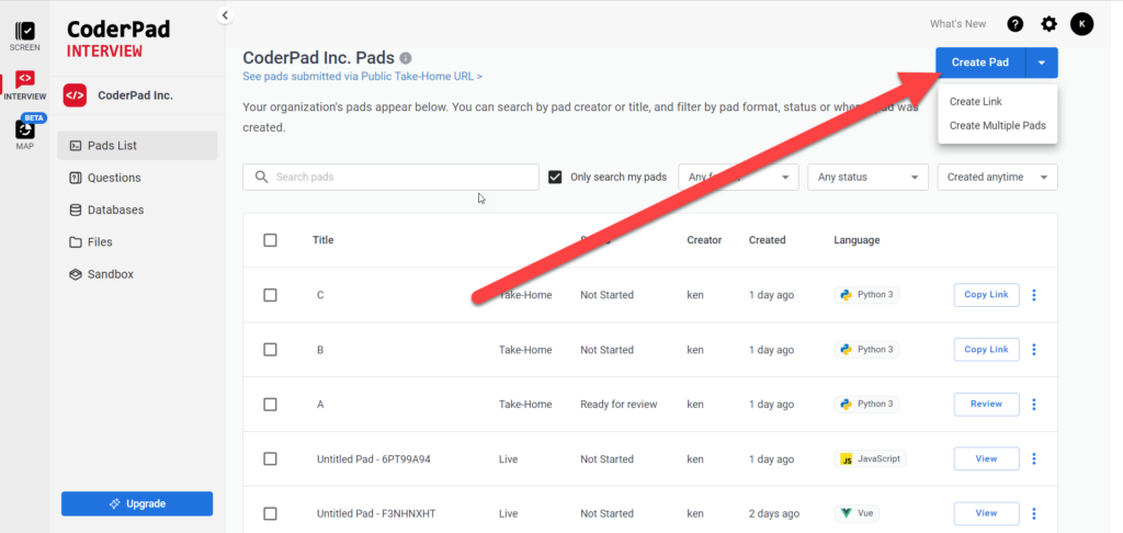 The pads list displayed in the dashboard with an arrow pointing to the "create pad" button on the top right of the screen.