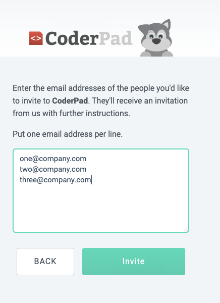The Invite additional team members window with an area to input email addresses.