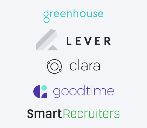 Logos of companies CoderPad integrates with including greenhouse, lever, clara, goodtime, and Smart Recruiters