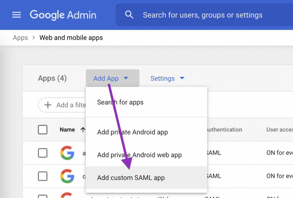 The "add app" drop down is shown and "add custom SAML app" option is highlighted. 