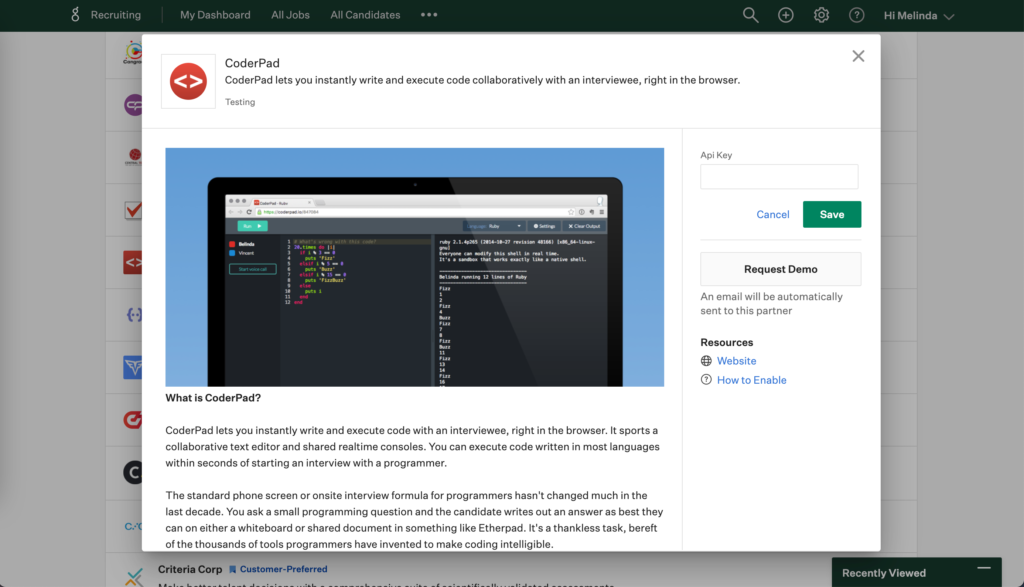 Greenhouse CoderPad API Key for live interview integration