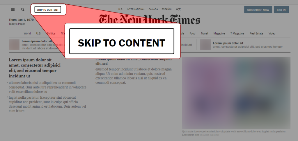 A "skip to content" button shown on the New York Times' site
