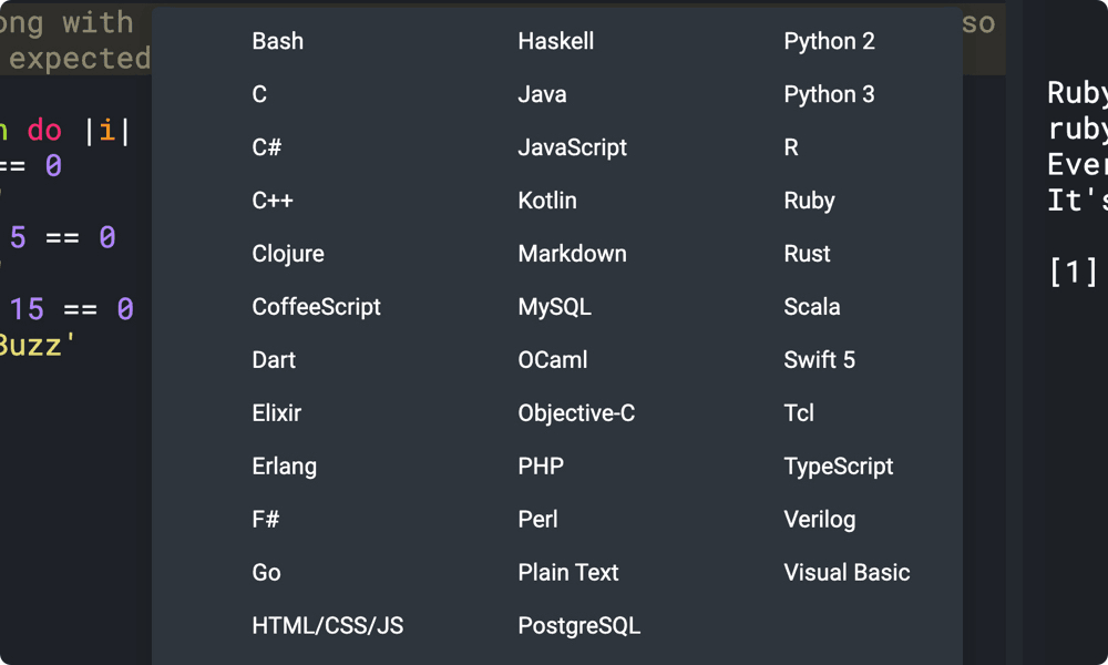 List of CoderPad's 30+ programming languages for technical interviews and assessments