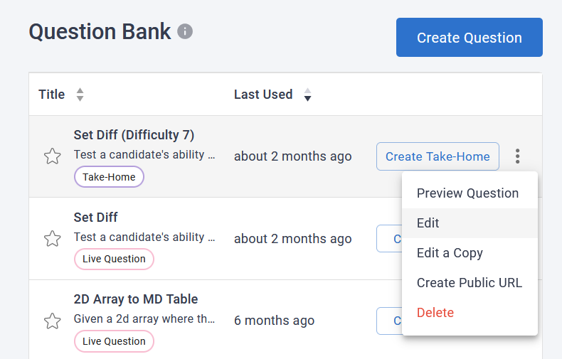 A question bank row is shown the the question options dropdown shown: preview question, edit, edit a copy, create public url, and delete. 