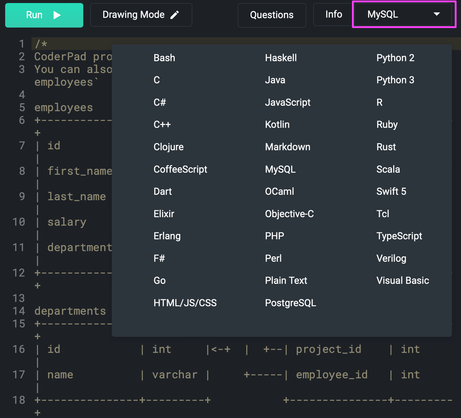 The CoderPad language dropdown showing 30+ languages