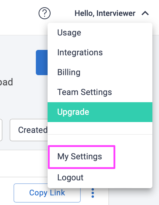 Coderpad profile dropdown menu is shown with the "my settings" option highlighted. 
