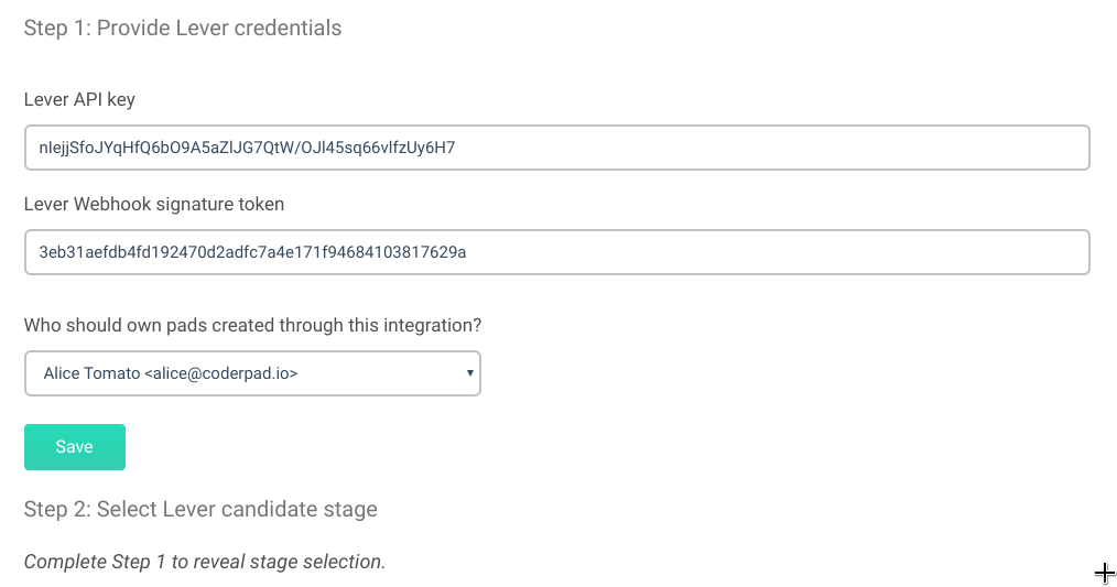 Lever configuration page on coderpad site. Fields for Lever API key, lever webhook signature token, and "who should own pads created through his integration" are displayed.