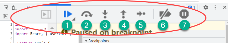 Debugging breakpoint toolbar with numbers labeling different functions.
