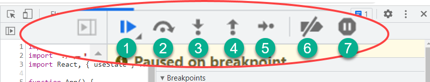 Debugging breakpoint toolbar with numbers labeling different functions.