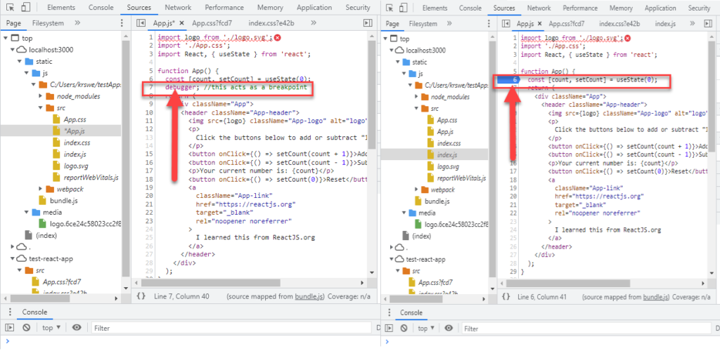 Two screenshots side-by-side. On the left: setting breakpoint with the debugger keyword. On the right: setting breakpoint by clicking on the line number.