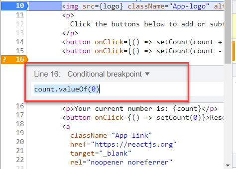 Image of the conditional breakpoint box with "count.valueOf(0)" written in it.