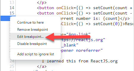 Image of the "Edit breakpoint" menu obtained by right clicking on a breakpoint in the sources panel.