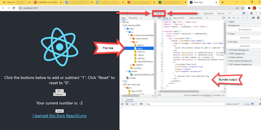 Layout of the debugger, with the file tree and bundle output/source code highlighted.
