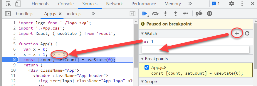 Image of  the debugging screen paused on a break point. Arrows point to where you can enter a variable to watch and to where you can see the variable value on the source code panel.