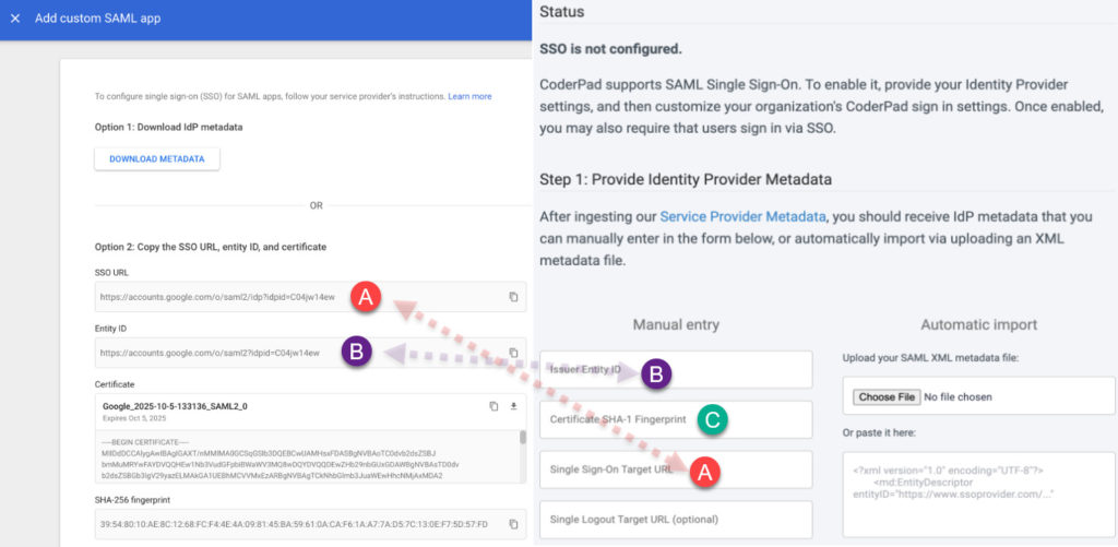 The google dashboard to coderpad sso mappings: SSO url in google maps to SSO target url field in coderpad sso, entity id in google maps to issuer entity id in coderpad sso, and the formatted fingerprint from the previous step is added to the "certificate sha-1 fingerprint" field in coderpad sso.