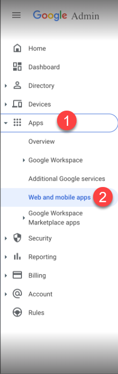 Le tableau de bord d'administration de Google avec la sélection "applications web et mobiles" mise en évidence sous l'élément "applications" dans le menu de gauche.