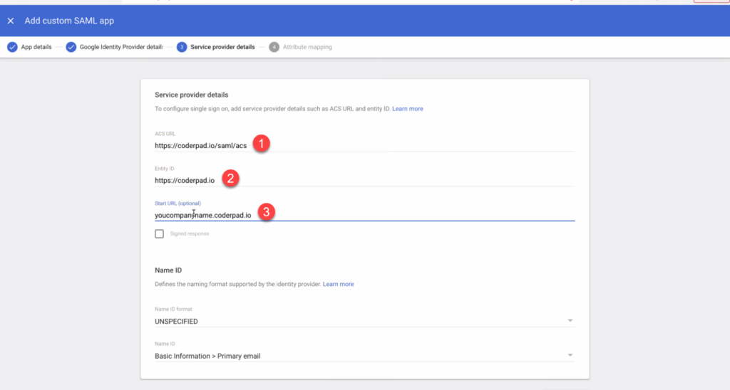 The service provider details 1- Acs details, 2 - entity id, and 3 - start url (optional).