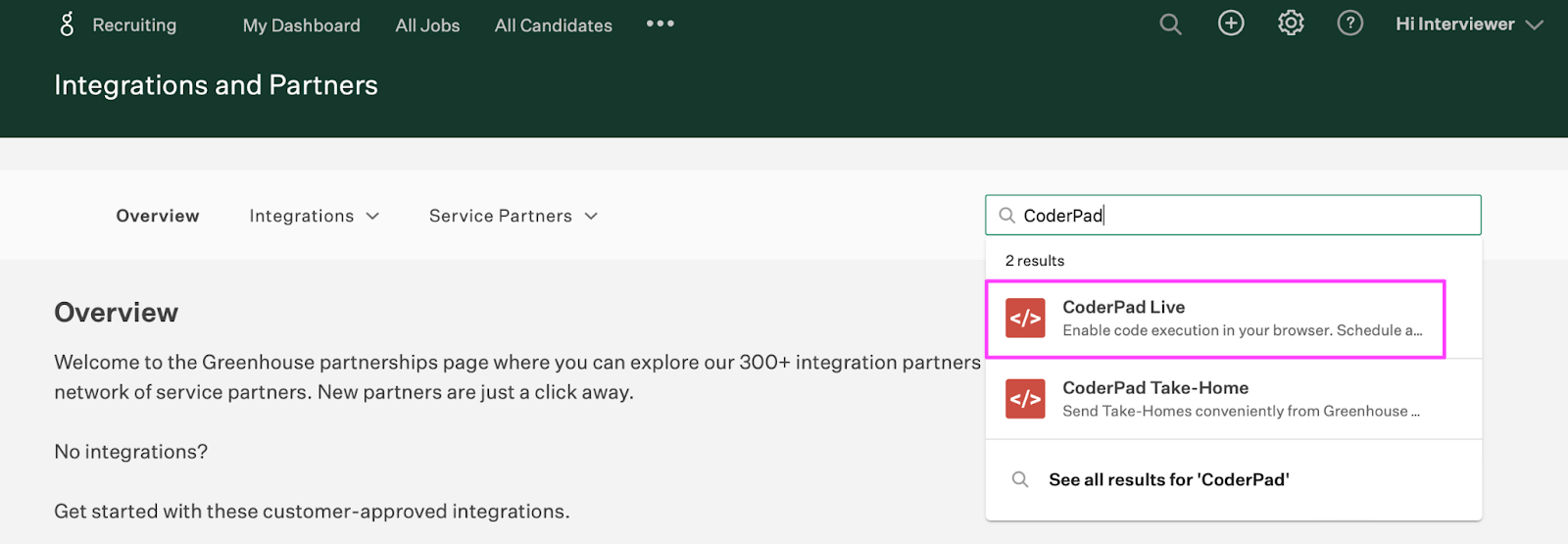 In the search bar at the top right of the "integrations and partners" page coderpad is entered and "coderpad live" is highlighted in the results.