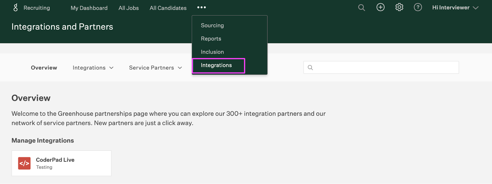 On the greenhouse dashboard the ellipses horizontal menu item is selected and the integrations item is highlighted. 