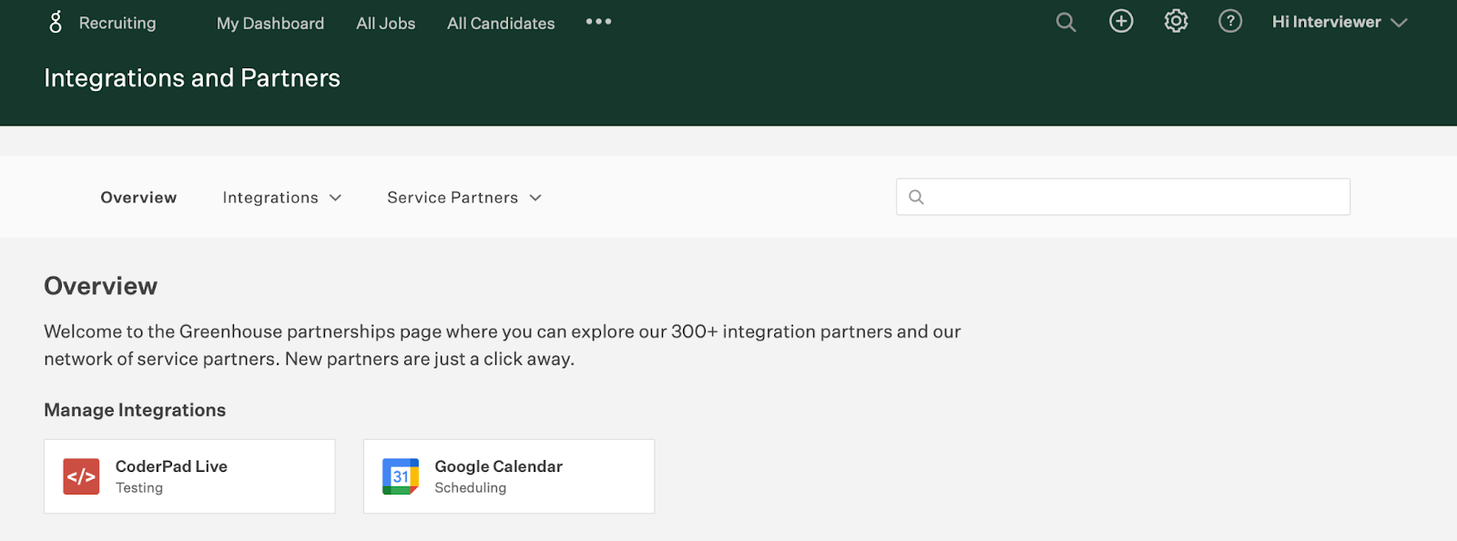 On the integrations and partners page the overview section is shown and the CoderPad Live and Google Calendar integrations are displayed.