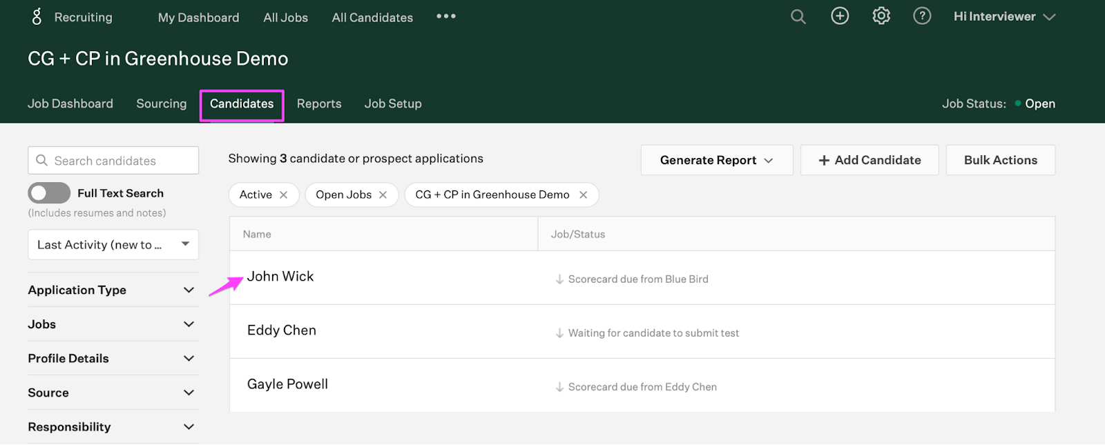 On the job page the candidates tab is highlighted and an arrow points to a candidate's name.