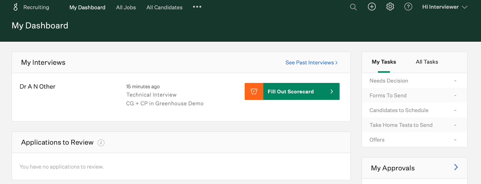 Greenhouse dashboard with a candidate listed below the "my interviews" section. They have a link to "fill out scorecard".