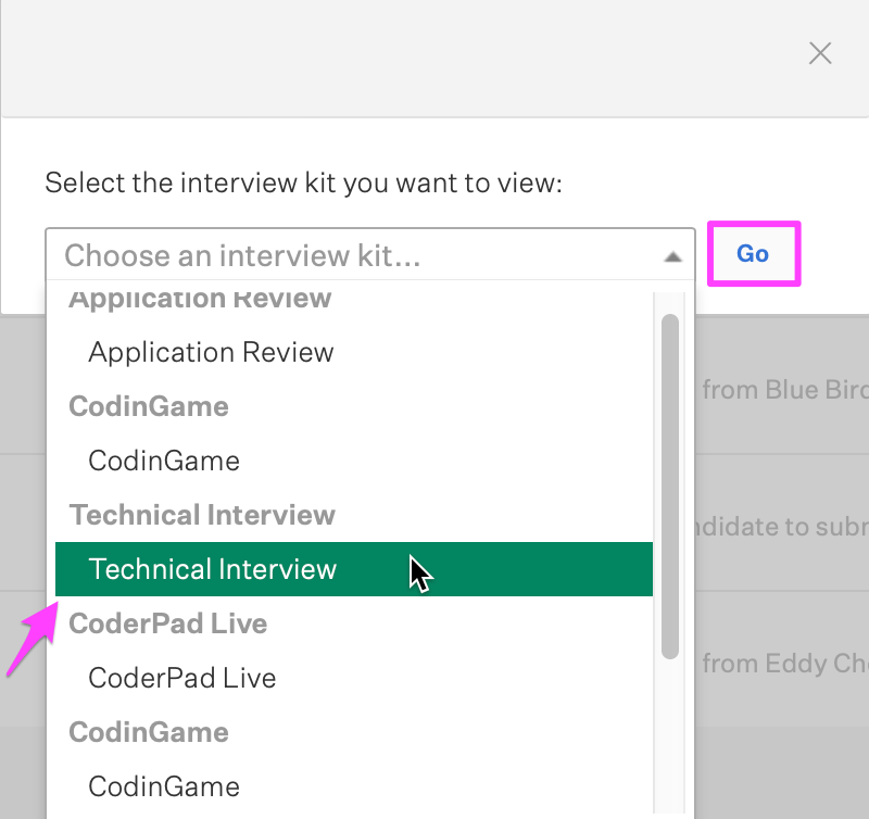 The interview kit dropdown is shown and the "technical interview" option is highlighted. 
