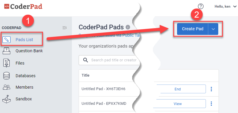 Le tableau de bord de Coderpad avec le numéro 1 à côté de l'élément "liste des fiches" dans la navigation de gauche et une flèche pointant vers le numéro 2 à côté du bouton "créer pad".