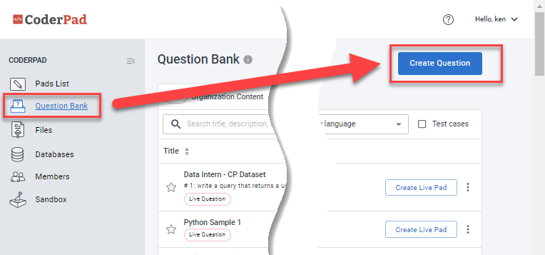 The question bank menu item is highlighted in the left nav bar and the "create question" button is highlighted in the top right of the screen.
