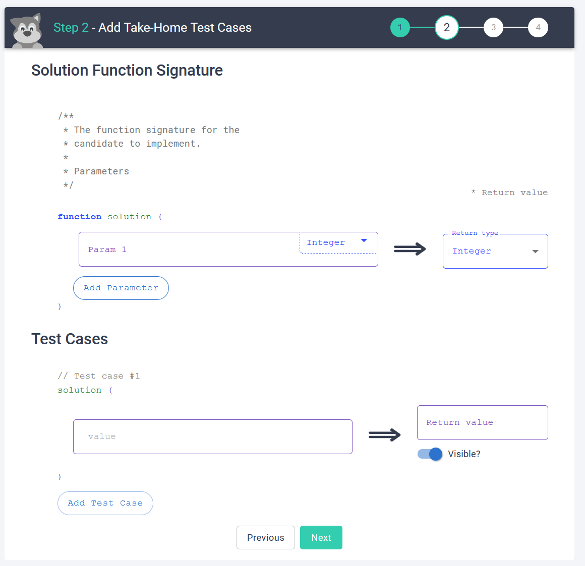 The test case configuration screen where you can add inputs and outputs to test.