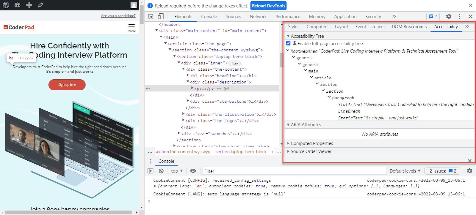 An image Chrome dev tools screen with the accessibility tree juxtaposed with the regular domain object model in the middle and the website itself on the far left. 