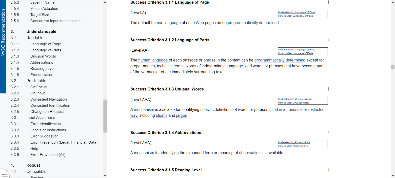 A screenshot of the “Understandable” section of the WCAG along with a list of five of those criteria.