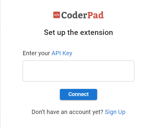 Coderpad extension setup window with a field to enter the api key.