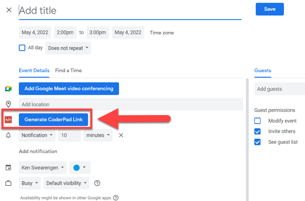 A google calendar invite page opened with the "generate coderpad link" button highlighted.