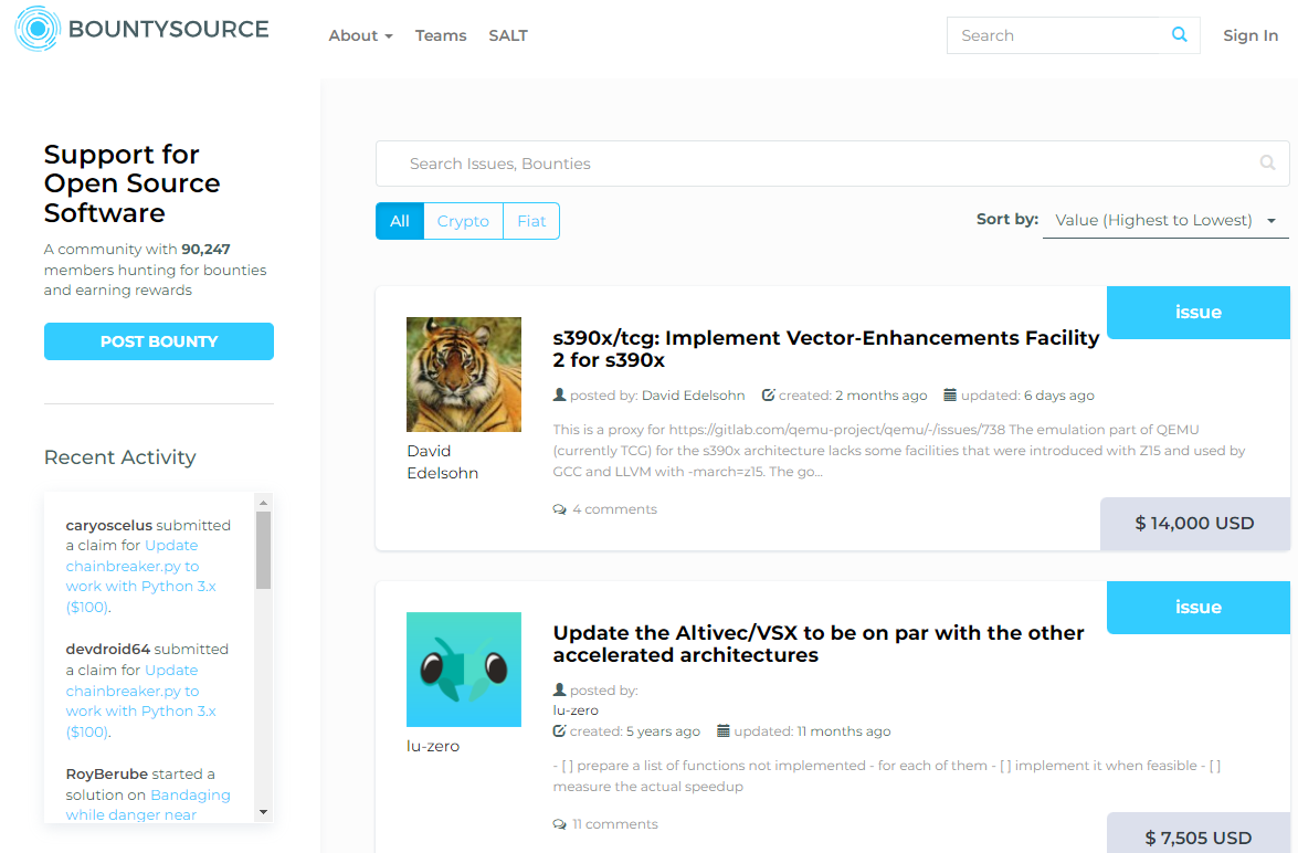 A screen shot of open source website bountysource.com that displays a list of bounties; one is Implementing vector-enhancements for facility 2 for s390x which pays $14000, the other is updating the altivec/vsx to be on par with the other accelerated architectures which pays $7505.