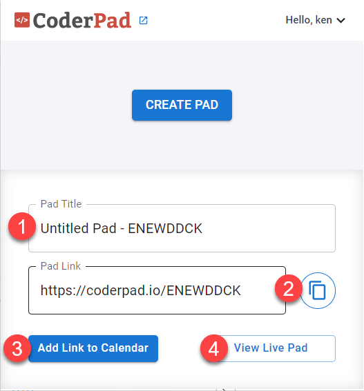 La fenêtre coderpad est ouverte avec le bouton "créer pad" affiché. En dessous se trouvent 1 - le titre pad, 2 - le lien pad, 3 - le bouton "ajouter le lien au calendrier", et 4- le bouton "voir pad en direct".