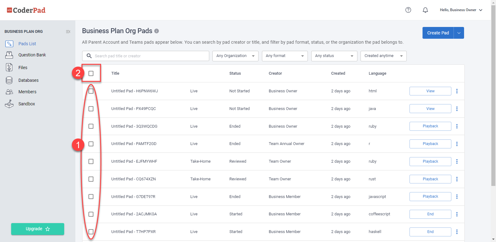 A list of pads. You can select pads individually (there's a checkbox on the left of each pad in the list) or all pads by selecting the checkbox in the header row.