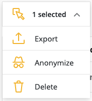 The bulk selection menu is shown with export, anonymize, and delete items shown.