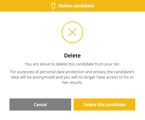The delete candidate page is shown with a delete warning in the middle and a "Cancel" button and "delete this candidate" button below that.