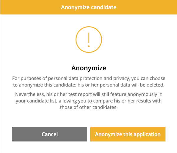 Anonymize candidate window is shown with a warning about the anonymization process and "cancel" and "anonymize this application" buttons shown below that.