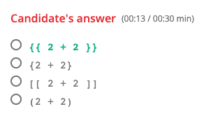 Candidate's answer is at the top with the number of seconds it took the candidate to answer the question. Below are a list of the answers with the correct one highlighted green.