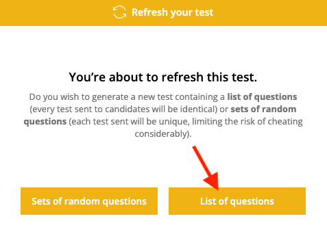The refresh your test window, with an arrow pointed towards the List of questions button.