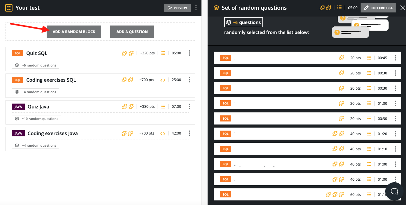 Customize test page with an arrow pointed towards the "Add a random block" button in the "Your test" modal and the "Set of random questions" modal on the right.