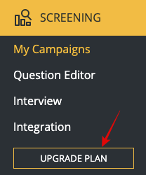 At the bottom of the screening tab in the left nav menu an arrow points to the "upgrade plan" button.