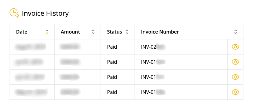 Invoice History page with a list of invoices. The date, amount, status, and invoice number columns are shown.