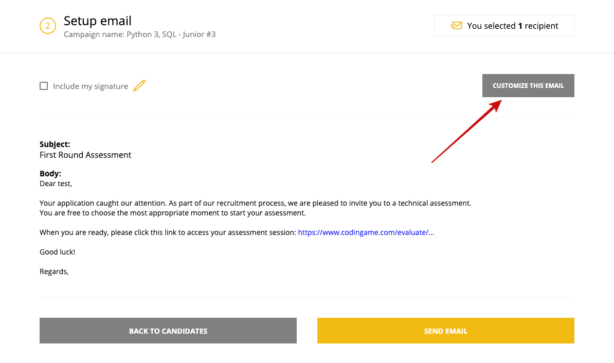 The "setup email" screen is shown with an arrow pointing towards the "customize this email" button.